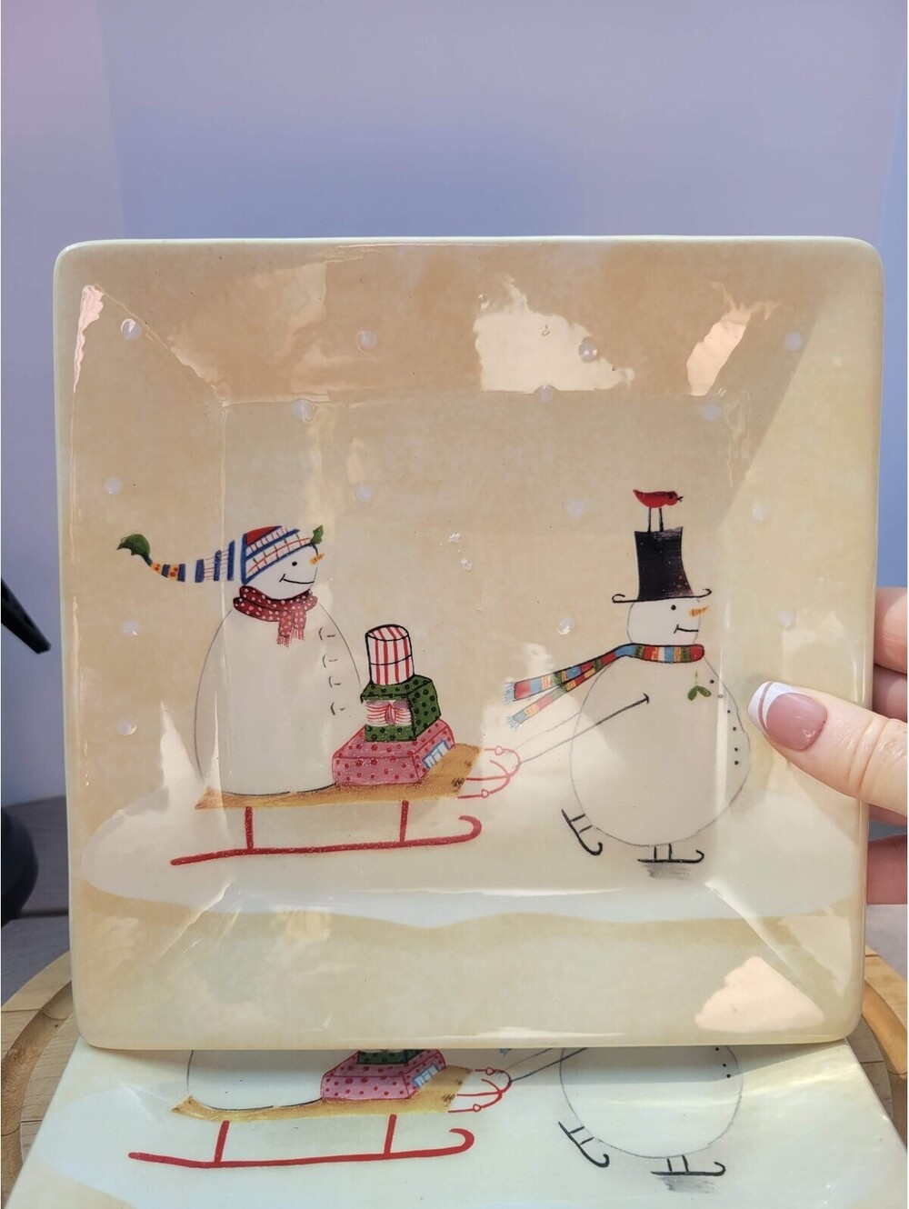 Oneida Snowmates Snowman Dessert Plates Set Of 4 Square Beige Christmas Holiday